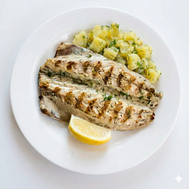 Печена скумрия на скара с гарнитура картофена салата, 300гр